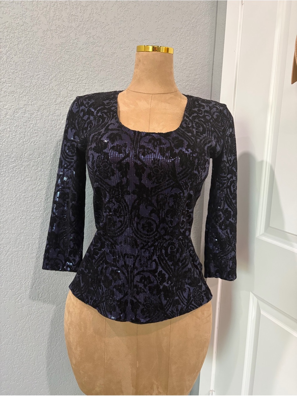 Just Cavalli Black and Navy Embellished Scoop Neck Top